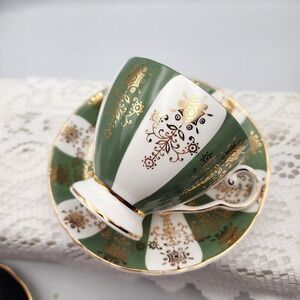 Royal Grafton Fine Bone China Tea Cup Saucer Set‎ Green Gold Floral Vintage